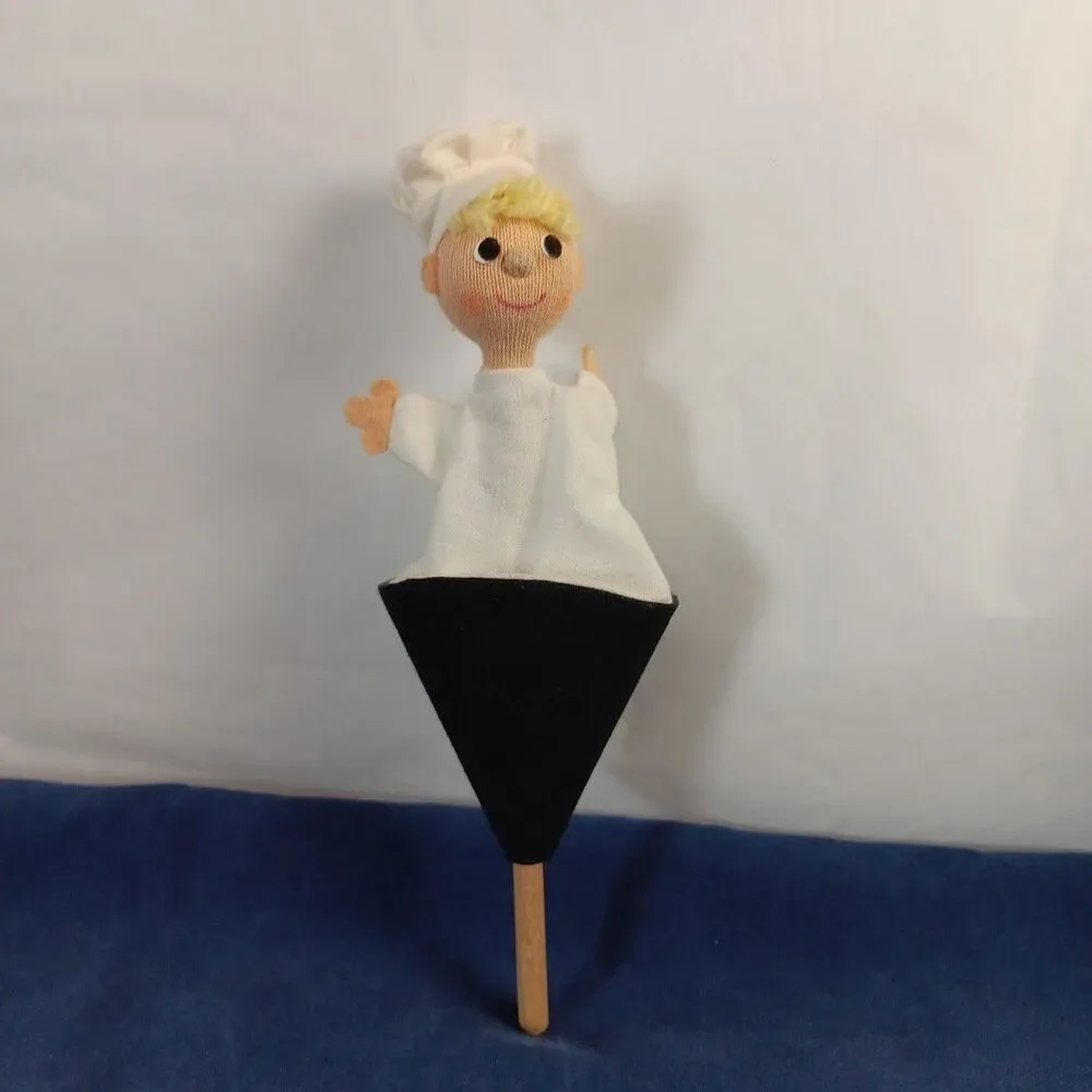 Pop Up Puppet Chef Vintage Wood Handle Chef Hat Blonde Hair Handmade